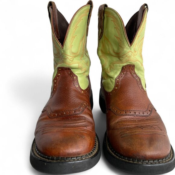 Justin Leather Lime Green Brown Roper Western Cowgirl Cowboy Boots Women's 8.5 B - Picture 3 of 14